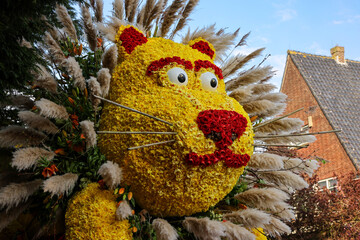 : A lion made of tulips and hyacinths presented before the evening illuminated Bollenstreek flower parade in Noordwijkerhout
