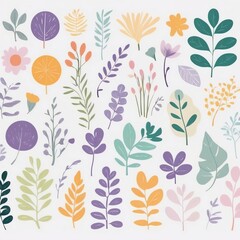 A collection of seamless pattern, colorful abstract plants and flowers. Hand drawn Collection of leaves and flowers. A close up of a pattern of flowers and leaves.
