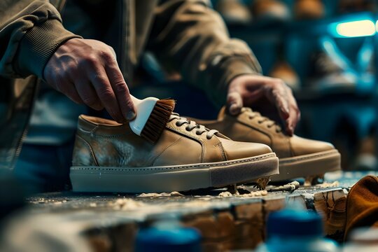 Preparing Shoes for the Season: Close-up of a Man Cleaning Sneakers with a Shoe Brush in a Workshop. Concept Shoe Care, Cleaning Process, Workshop Setting, Sneaker Maintenance, Close-up Photography