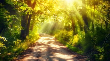 Serene Summer Escape: A Peaceful Road Winding Through a Vibrant Forest Canopy