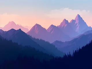 Fotobehang Cartoon Mountain Range Panorama Basks in Pop Art Sunrise © Thanaphon
