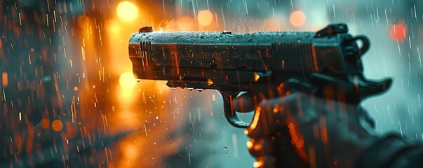 Slow Motion Rainfall: A Hyper-Detailed Focus on a Tense Gun Moment