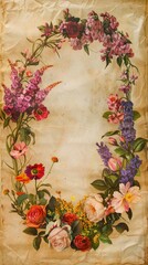Vintage Botanical Illustration of Colorful Wildflowers on Aged Paper