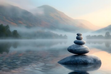 Obraz na płótnie Canvas Tranquil Morning Harmony: Stones Balanced at Dawn by a Vibrant Lake