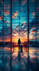 Wanderlust Ways: Traveler with Suitcase Silhouetted Against Vibrant Sunset Airport Window