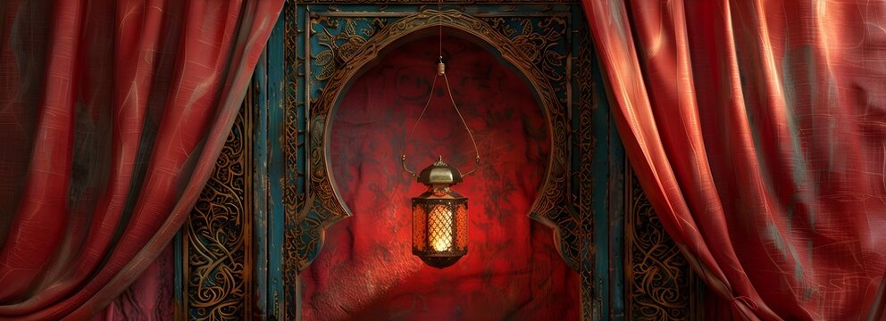 Exquisite Arabic Frame Basking in Soft Lantern Light Showcases Vibrant Silk Curtains