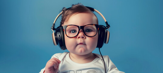 Cute little girl in headphones listening to music on blue background.