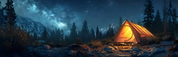 Fotobehang Serene Outdoor Escape: Glowing Tent Under Starry Night's Vast Expanse © Thanaphon