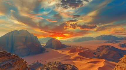 wide angle view of a generic rocky mountains of Al Ula desert Saudi Arabia touristic destination at the golden hour sunset with copyspace area -
