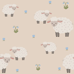 Seamless vector pattern with white sheep and flowers, cute kids background, vintage aesthetic