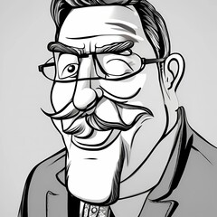 3d illustration of a cartoon caricature of a cheerful man with a stylish hairstyle, mustache, glasses and a suit. In black and white format. 