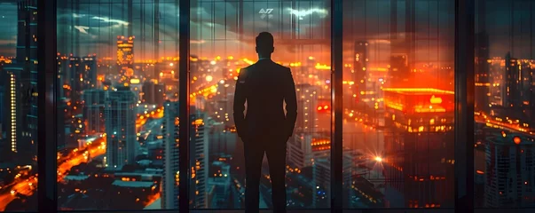 Fotobehang Determined Male Manager Surveys the City Skyline from His High-Rise Office at Dusk © Thanaphon