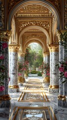 Marble and Gold Luxury Arch Bathed in Serene Daylight with Vibrant Garden View
