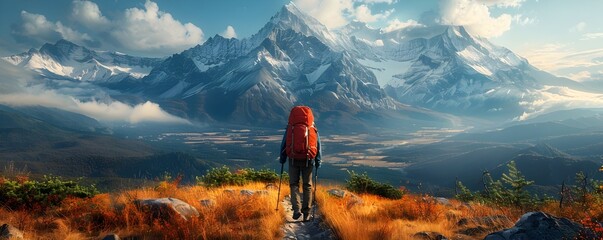 Morning Expedition: Hiker Embarks on a Rugged Trail with Mountains in the Distance - obrazy, fototapety, plakaty