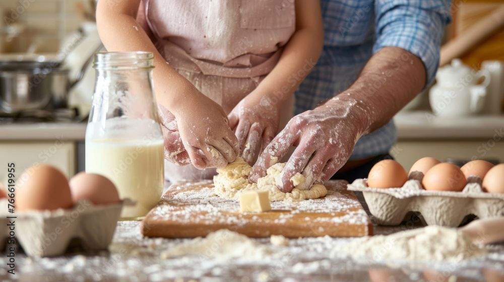 Poster A child and adult knead dough together on a flour-dusted surface with baking ingredients around.