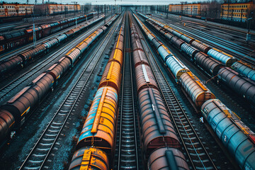 Large number of cargo trains are waiting to depart to their destination. View from above - obrazy, fototapety, plakaty