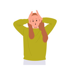 Shocked confused preteen girl child cartoon character touching head in panic with scared face