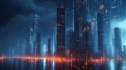 Fototapeta premium A futuristic cityscape illuminated by soft glow of artificial lights. A digital data streams and towering skyscrapers create visually stunning atmosphere of advanced technology and urban development