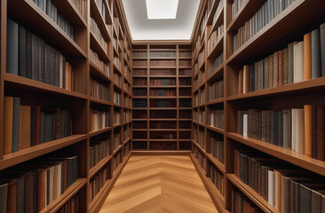 Library interior design with massive bookshelves and concrete floor, realistic illustration