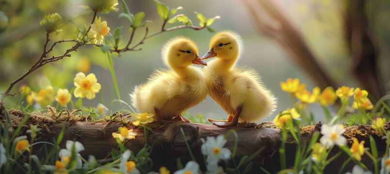 Cute yellow ducklings on a branch in a spring blooming garden. Easter motif of sweet animals