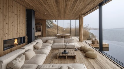 Fototapeta na wymiar A minimalist living room with expansive beach views, wooden interiors, and cozy seating, designed for luxurious, tranquil living.
