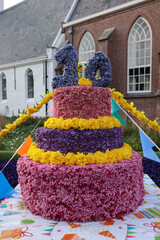 Decorations made of tulips and hyacinths presented before the evening illuminated Flower Parade Bollenstreek