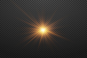 Golden star of light, glow and rays of light effect, glowing glare. On a transparent background.