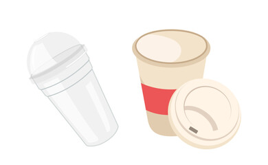 Plastic and cardboard cups mockup with lid for coffee or tea, milkshake or soda takeaway drink