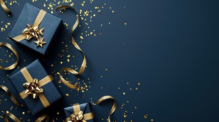Flat lay blue gift boxes with shiny golden ribbon, dark blue present festive background