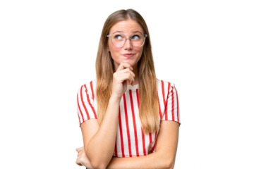 Young beautiful woman over isolated background thinking an idea while looking up