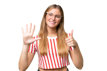 Young beautiful woman over isolated background counting six with fingers