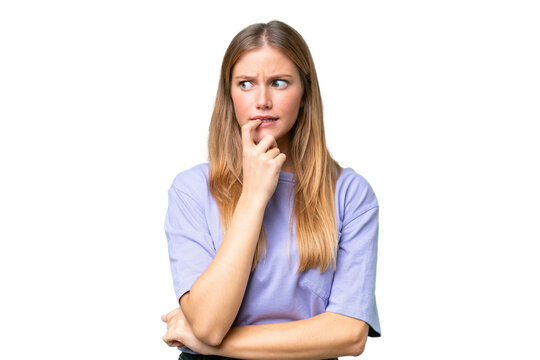 Young beautiful woman over isolated background nervous and scared