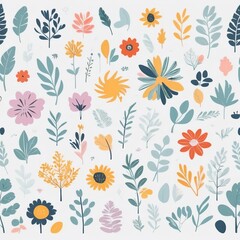 A collection of seamless pattern, colorful abstract plants and flowers. Hand drawn Collection of leaves and flowers. A close up of a pattern of flowers and leaves.
