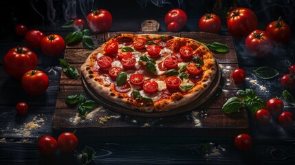Pizza - dish of Italian origin consisting of a round, flat base of leavened wheat dough topped with tomatoes, cheese, and other ingredients, which is baked at a high temperature in a wood-fired oven.