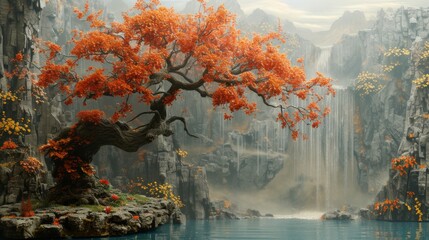 An enchanting digital artwork of a majestic autumnal tree with vibrant orange leaves, standing on an islet by a misty waterfall landscape. - obrazy, fototapety, plakaty