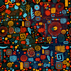 Colorful seamless pattern, background, header, collage with different shapes and textures. Vector illustrations. Trendy colors