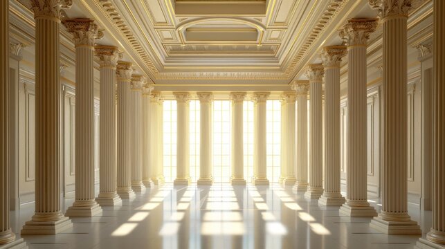 3d illustration Empty white long room with big columns building background. AI generated image