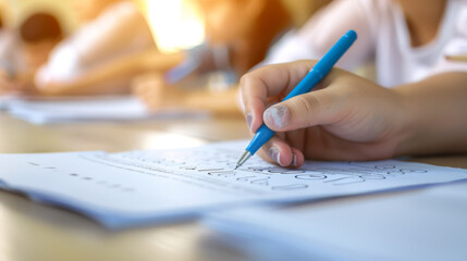 Two hands are marking notes on a musical score with pencils.