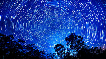 Star trails over forest night sky