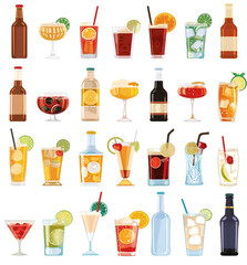 A clip art set of various classic alcoholic beverages in different glasses.