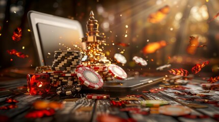 Online casino, online poker. Dice, chips, tokens, roulette, online gambling, azart games. Bets, winnings, entertainment, recreation. Betting money on games.