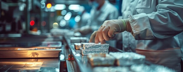 Close-up of expert hands inspecting quality of precious metal in factory