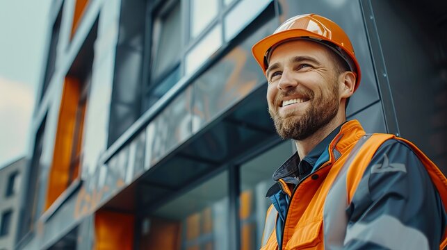Confident construction worker with a smile standing in front of modern building