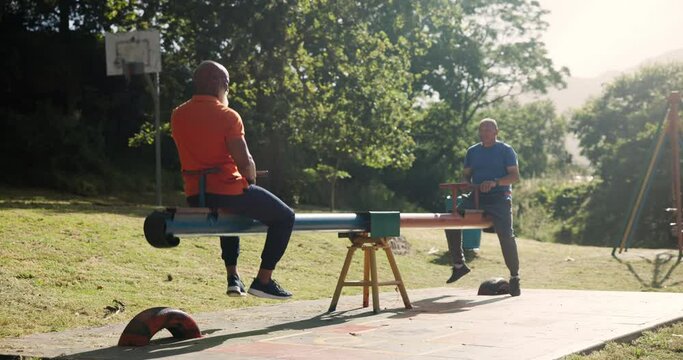 Senior, park and seesaw with smile, exercise or joy for health, balance and comedy. Mature men, workout and garden with summer fun, humor and nature for retirement, wellness and training with friends