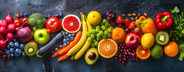 Panoramic view of colorful fruits and vegetables, showcasing fresh market variety.