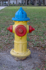 red, yellow and blue fire hydrant in park, vertical view with copy space
