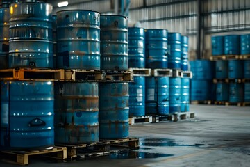 Barrels of Chemicals on Pallets in Warehouse, Ready for Industrial Delivery. Concept Chemical Storage, Warehouse Logistics, Industrial Delivery, Safety Procedures - obrazy, fototapety, plakaty