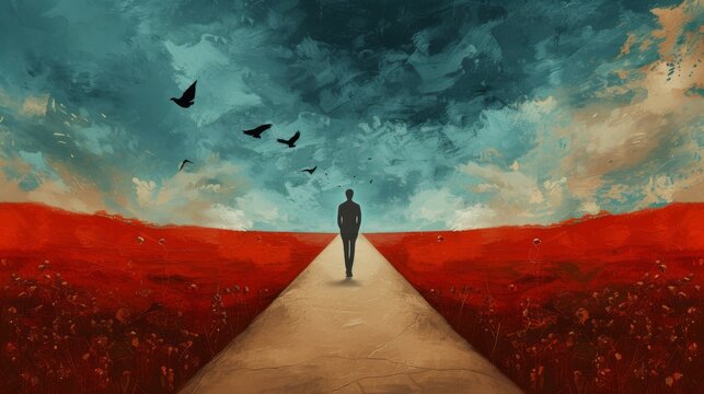 Journey of a lone figure amidst a vast red field under a turbulent sky with flying birds symbolizing introspection and emotional states
