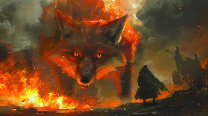 Fotobehang The concept of a fiery giant fox is on a rampage AI generated image © anis rohayati