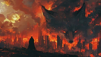 The concept of a fiery giant fox is on a rampage AI generated image - obrazy, fototapety, plakaty